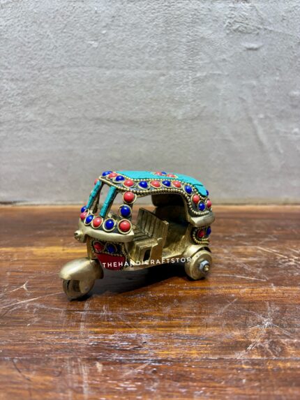 Handcrafted Brass Auto Rickshaw with Stone Work