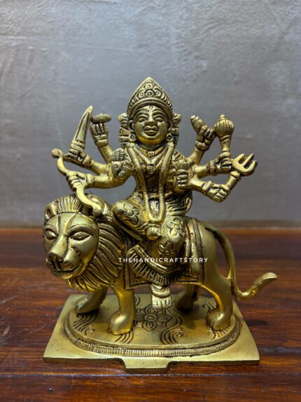Handcrafted Brass Durga on Lion – Multi-Armed Goddess