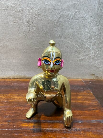 Handcrafted Brass Laddu Gopal – Painted Bal Krishna Crawling Pose